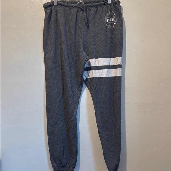 Pink Logo Large Gray Joggers with White Stripes - Picture 1 of 7
